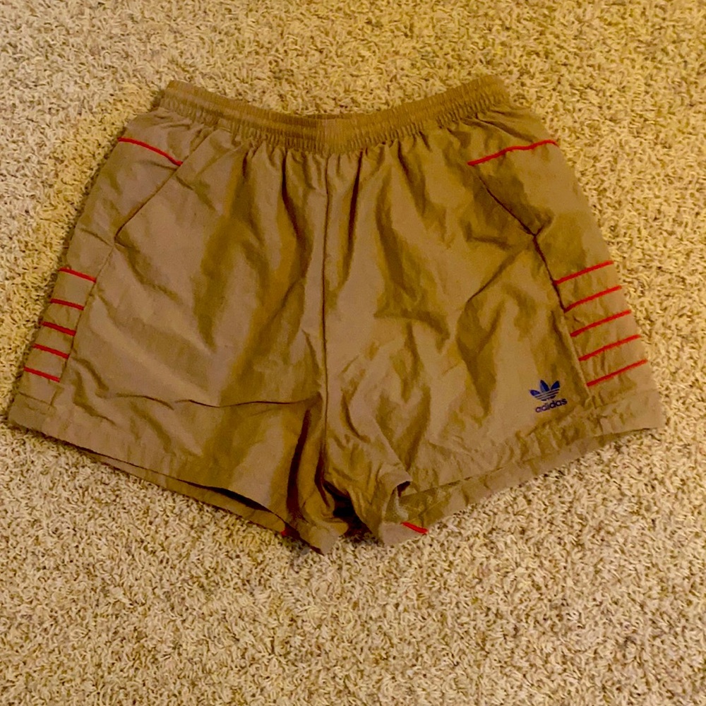 Adidas track shorts, size medium, pockets, tan with pink strips, wore twice